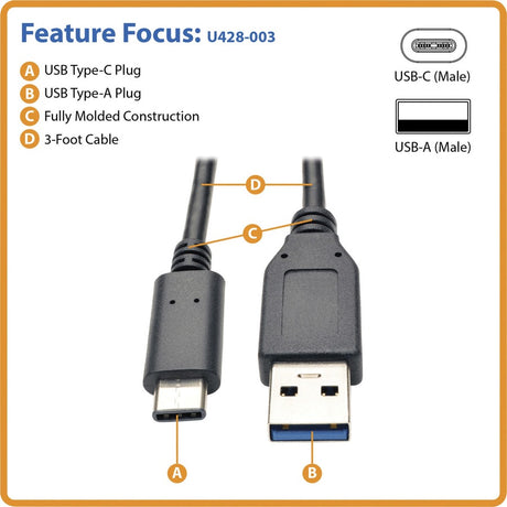 Eaton Tripp Lite Series USB-C to USB-A Cable (M/M), USB 3.2 Gen 1 (5 Gbps), Thunderbolt 3 Compatible, 3 ft. (0.91 m) — U428-003