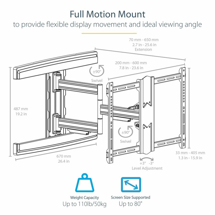 StarTech.com TV Wall Mount for up to 80" VESA Mount Displays - Low Profile Full Motion TV Mount - Heavy Duty Adjustable Articulating Arm — FPWARTS1