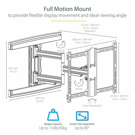 StarTech.com TV Wall Mount for up to 80" VESA Mount Displays - Low Profile Full Motion TV Mount - Heavy Duty Adjustable Articulating Arm — FPWARTS1