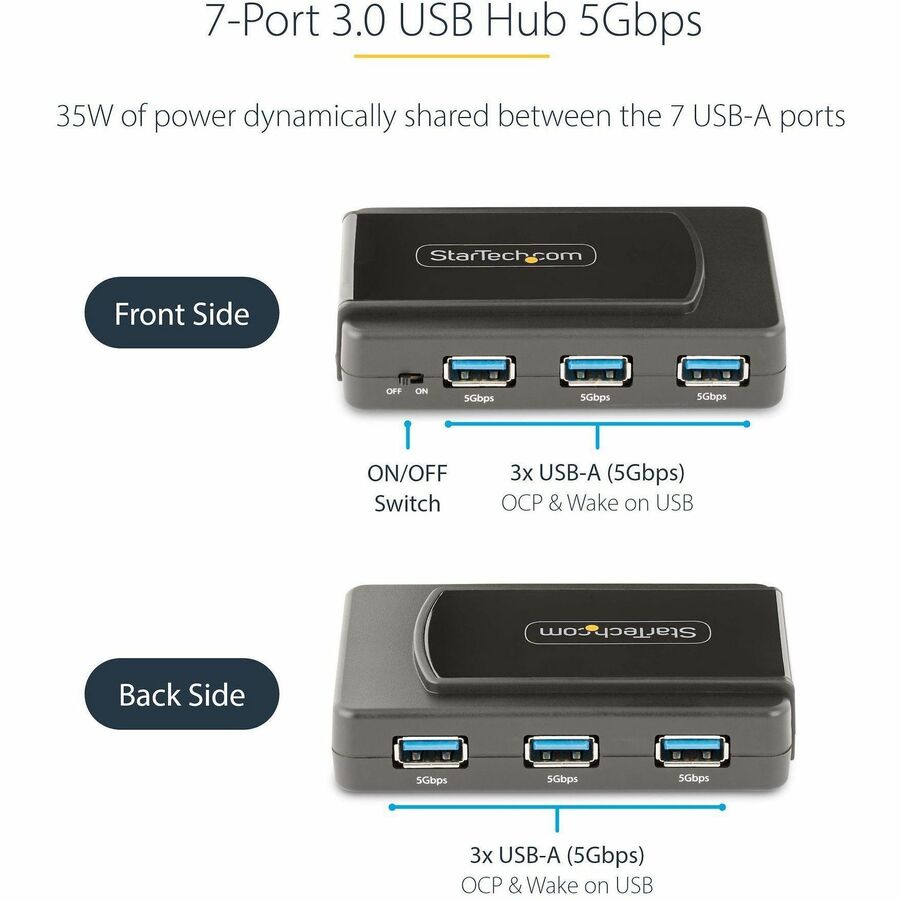 StarTech.com 7-Port USB Hub, USB 3.0 5Gbps, USB-A to 7x USB-A, Self Powered USB-A Expansion Hub w/ 35W Power Supply — 5G7AS-USB-A-HUB