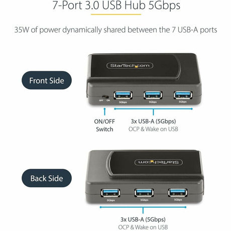 StarTech.com 7-Port USB Hub, USB 3.0 5Gbps, USB-A to 7x USB-A, Self Powered USB-A Expansion Hub w/ 35W Power Supply — 5G7AS-USB-A-HUB