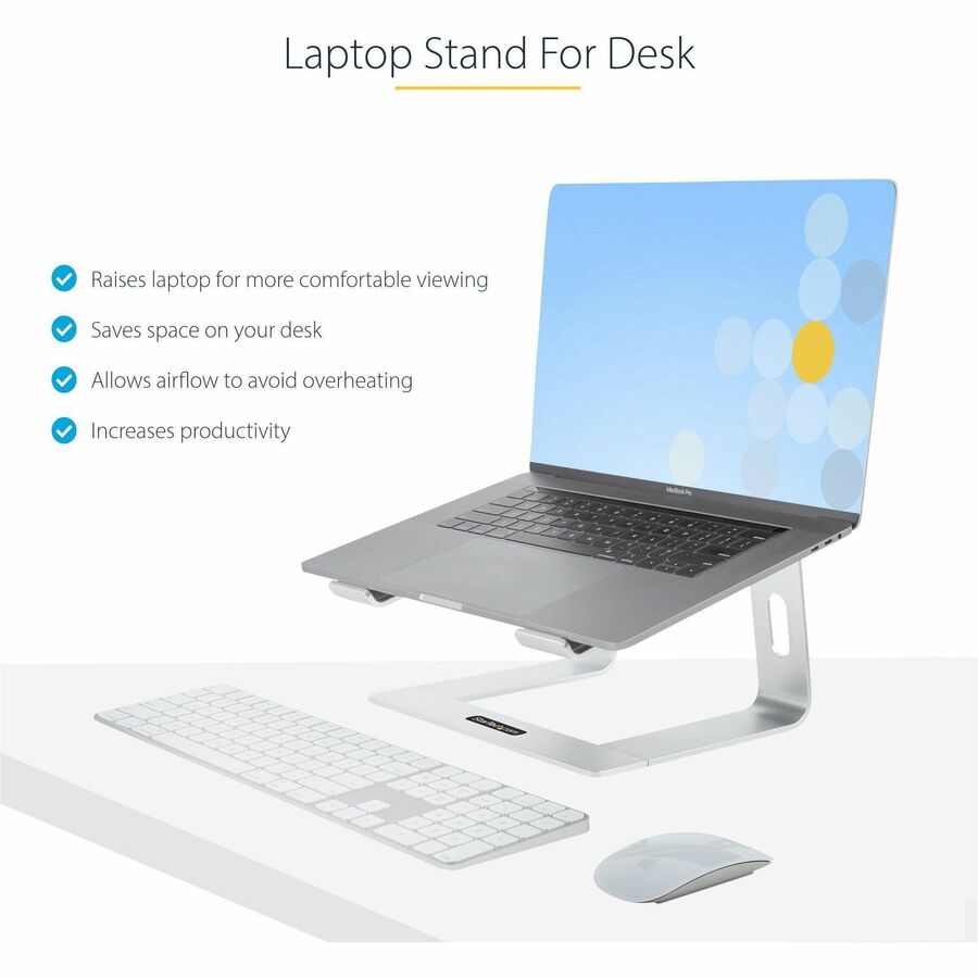 StarTech.com Laptop Stand for Desk, Supports 5kg / 11lb, Aluminum, Silver, Ergonomic Laptop Riser, Portable Laptop Holder for Desk — LAPTOP-STAND-SILVER