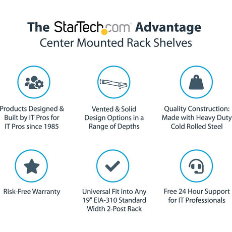 StarTech.com 2U Vented Server Rack Shelf - Center Mount Fixed 14" Deep Cantilever Rackmount Tray for 19" Data/AV/Network w/Cage Nuts — SHELF-2U-14-CENTER-V