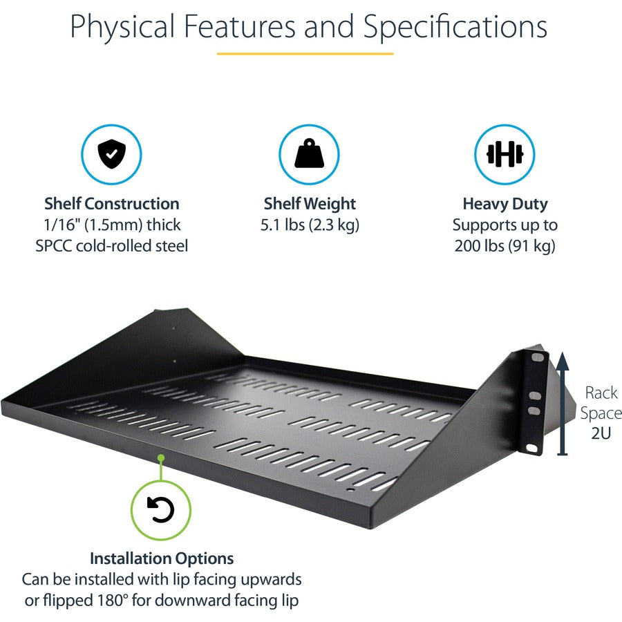 StarTech.com 2U Vented Server Rack Shelf - Center Mount Fixed 14" Deep Cantilever Rackmount Tray for 19" Data/AV/Network w/Cage Nuts — SHELF-2U-14-CENTER-V