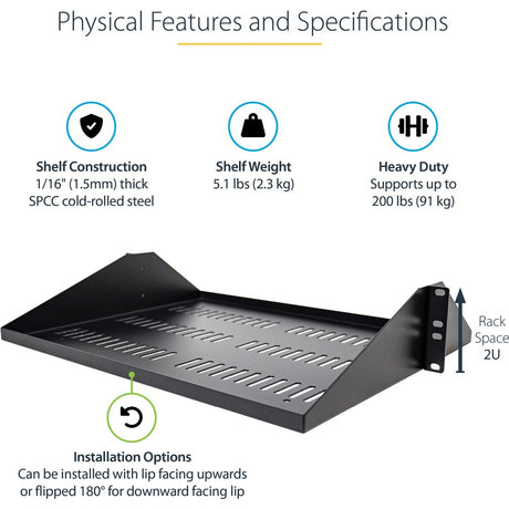 StarTech.com 2U Vented Server Rack Shelf - Center Mount Fixed 14" Deep Cantilever Rackmount Tray for 19" Data/AV/Network w/Cage Nuts — SHELF-2U-14-CENTER-V