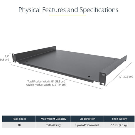 StarTech.com 1U Server Rack Cabinet Shelf - Fixed 12" Deep Cantilever Rackmount Tray for 19" Data/AV/Network Enclosure w/cage nuts, screws — SHELF-1U-12-FIXED-S