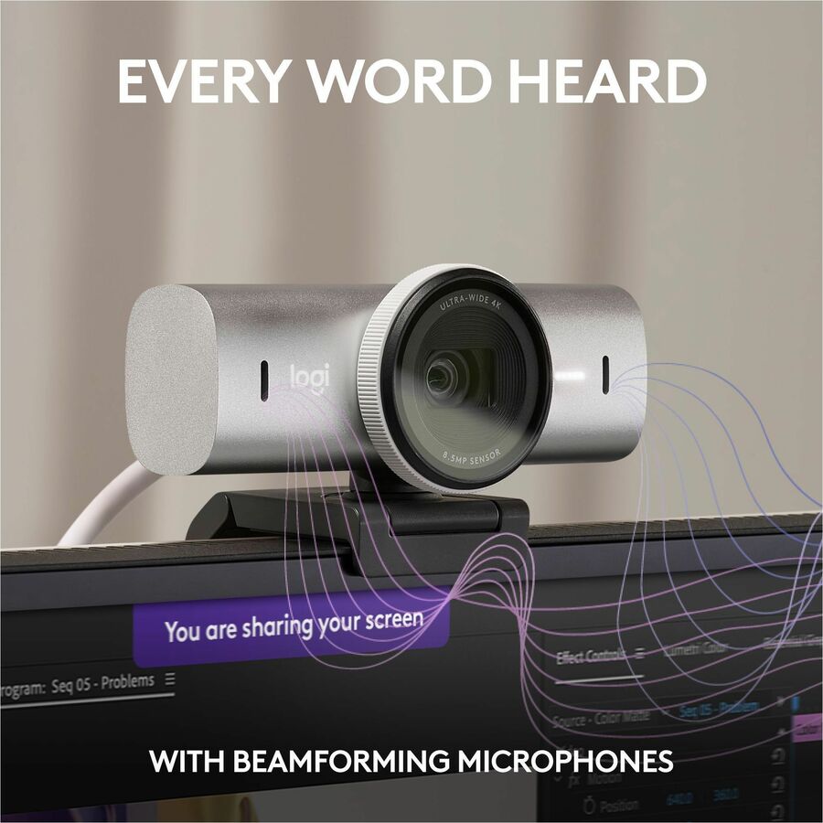 Logitech MX Brio Ultra HD 4K Collaboration and Streaming Webcam, 1080p at 60 FPS, Dual Noise Reducing Mics, Show Mode, USB-C, Webcam Cover, Works with Microsoft Teams, Zoom, Google Meet, Pale Gray — 960-001550