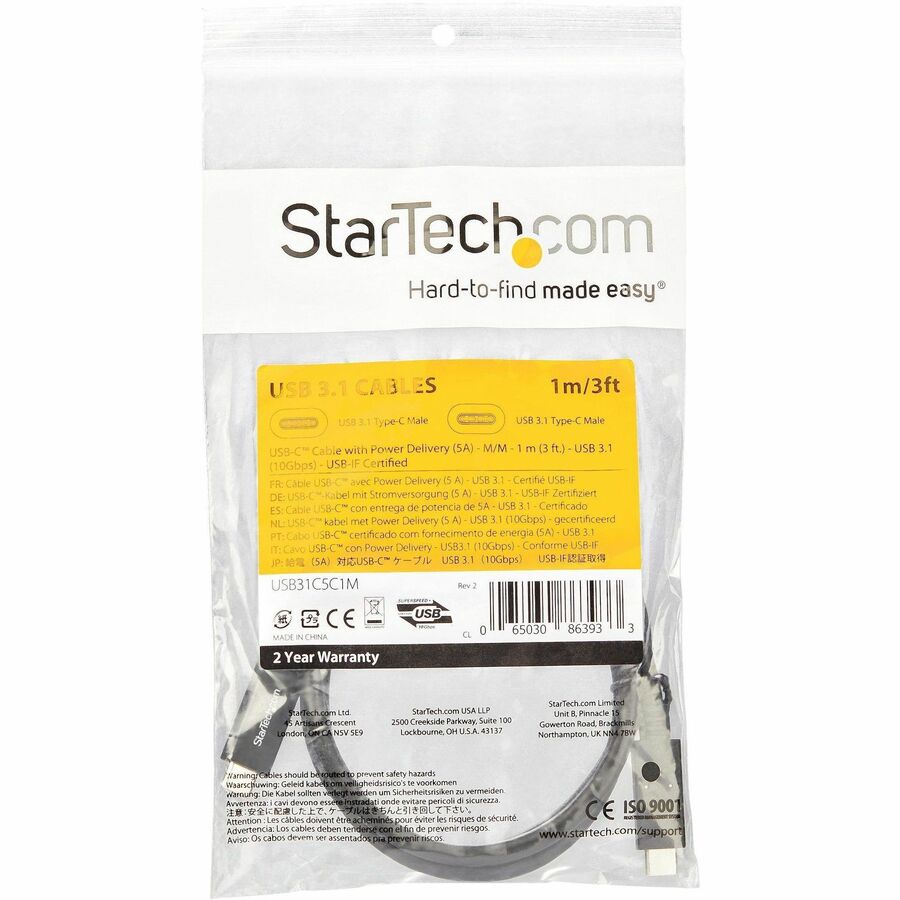 StarTech.com 1m 3 ft USB C Cable with Power Delivery (5A) - M/M - USB 3.1 (10Gbps) - USB-IF Certified - USB Type C Cable - USB 3.2 Gen 2 — USB31C5C1M