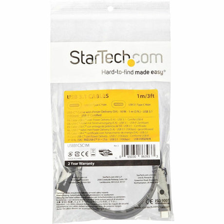 StarTech.com 1m 3 ft USB C Cable with Power Delivery (5A) - M/M - USB 3.1 (10Gbps) - USB-IF Certified - USB Type C Cable - USB 3.2 Gen 2 — USB31C5C1M