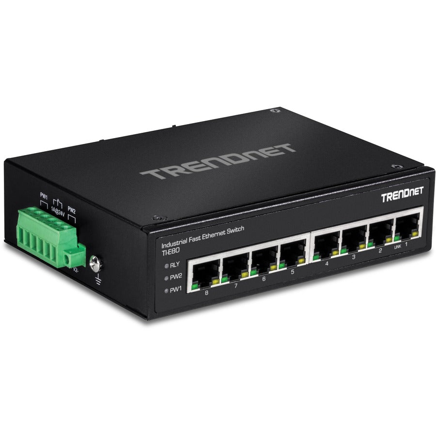 TRENDnet 8-Port Industrial Unmanaged Fast Ethernet DIN-Rail Switch; TI-E80 8 x Fast Ethernet Ports; 1.6Gbps Switching Capacity;8 Port Network Fast Ethernet Switch;IP30 Metal Switch;Lifetime Protection — TI-E80