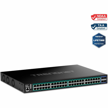 TRENDnet 52-Port Gigabit Web Smart PoE+ Switch with 10G SFP+ Ports, TPE-3524S, 48 x Gigabit PoE+ Ports, 4 x 10G SFP+ Ports, 410W PoE Power Budget, Lifetime Protection, Black — TPE-3524S