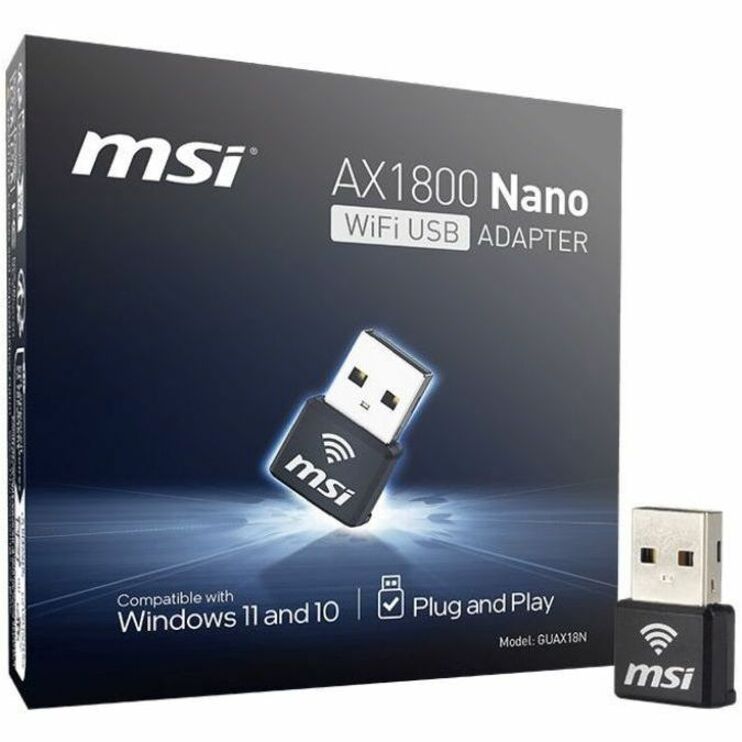 MSI GUAX18N IEEE 802.11 a/b/g/n/ac/ax Dual Band Wi-Fi Adapter for Computer, Notebook — AX1800NANOWIFIUSB