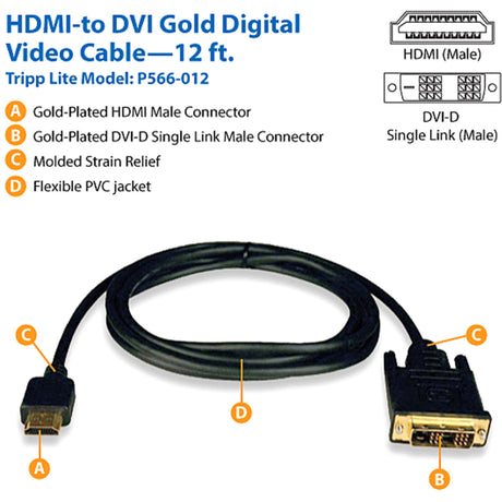 Eaton Tripp Lite Series HDMI to DVI Adapter Cable (M/M), 12 ft. (3.7 m) — P566-012