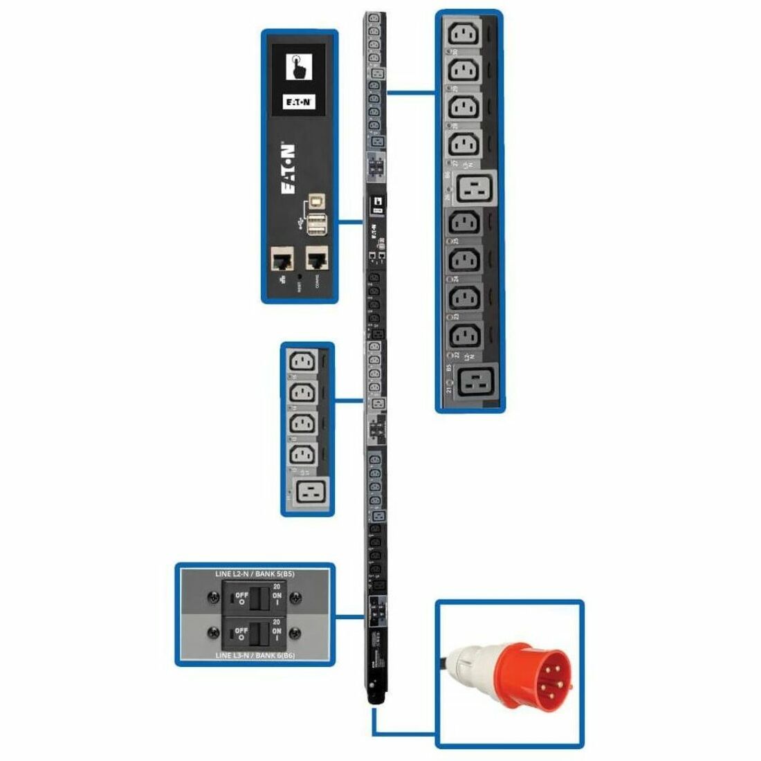 Eaton 23kW 220-240V 3PH Switched PDU - LX Interface, Gigabit, 30 Outlets, IEC 309 32A Red 380-415V Input, LCD, 1.8 m Cord, 0U 1.8 m Height, TAA — PDU3XEVSR6G32B