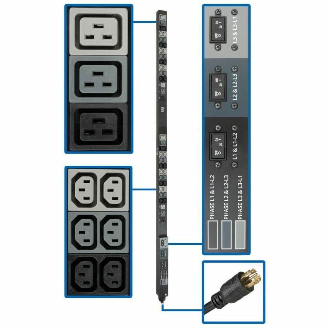 Eaton Tripp Lite Series 8.6kW 208/120V 3-Phase Basic PDU - 48 Outlets (36 C13, 6 C19, 6 5-15/20R), L21-30P Input, 6 ft. Cord, 70 in. 0U Rack — PDU3V6L2130