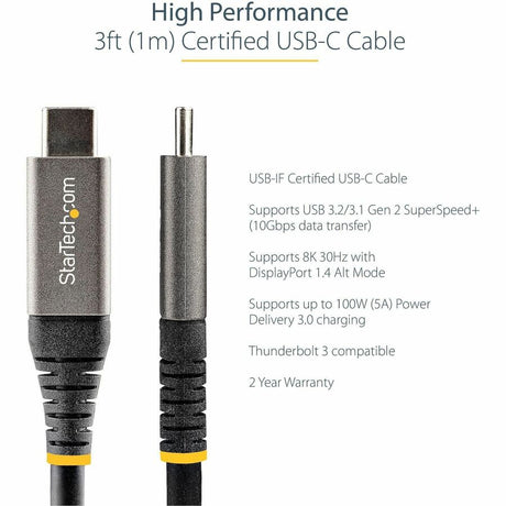 StarTech.com 3ft 1m USB C Cable 10Gbps, USB-IF Certified USB-C Cable, USB 3.1 Type-C Cable, 5A/100W PD, DP Alt Mode, USB C Cord — USB31CCV1M