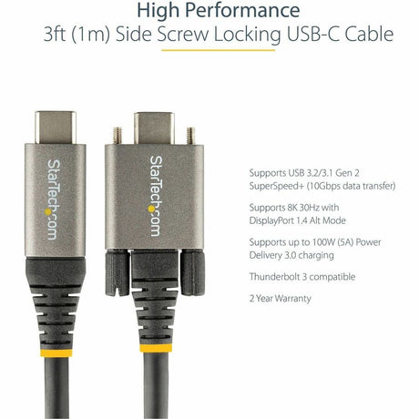 StarTech.com 3ft 1m Side Screw Locking USB C Cable 10Gbps, USB 3.1 Type-C Cable, 5A/100W PD, DP Alt Mode, Dual Screw Lock USB-C Cord — USB31CCSLKV1M