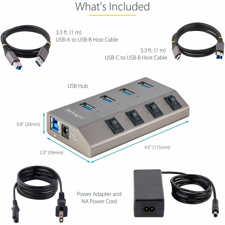 StarTech.com 4-Port Self-Powered USB-C Hub with Individual On/Off Switch, Desktop/Laptop USB-C to USB-A Hub, USB Type C Hub w/Power Supply — 5G4AIBS-USB-HUB-NA