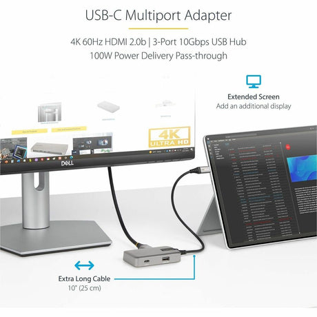 StarTech.com USB C Multiport Adapter, 4K 60Hz HDMI 2.0, 100W PD Pass-through, USB Hub, USB Type-C Mini Docking Station, 10" (25cm) Cable — DKT31CHPD3