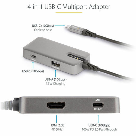 StarTech.com USB C Multiport Adapter, 4K 60Hz HDMI 2.0, 100W PD Pass-through, USB Hub, USB Type-C Mini Docking Station, 10" (25cm) Cable — DKT31CHPD3