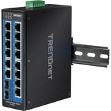 TRENDnet 16-Port Hardened Industrial Unmanaged Gigabit DIN-Rail Switch; TI-G162; 14 x Gigabit Ports; 2 x Gigabit SFP Slots;32Gbps Switching Capacity; IP30 Ethernet Network Switch; Lifetime Protection — TI-G162