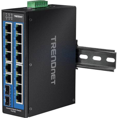TRENDnet 16-Port Hardened Industrial Unmanaged Gigabit DIN-Rail Switch; TI-G162; 14 x Gigabit Ports; 2 x Gigabit SFP Slots;32Gbps Switching Capacity; IP30 Ethernet Network Switch; Lifetime Protection — TI-G162