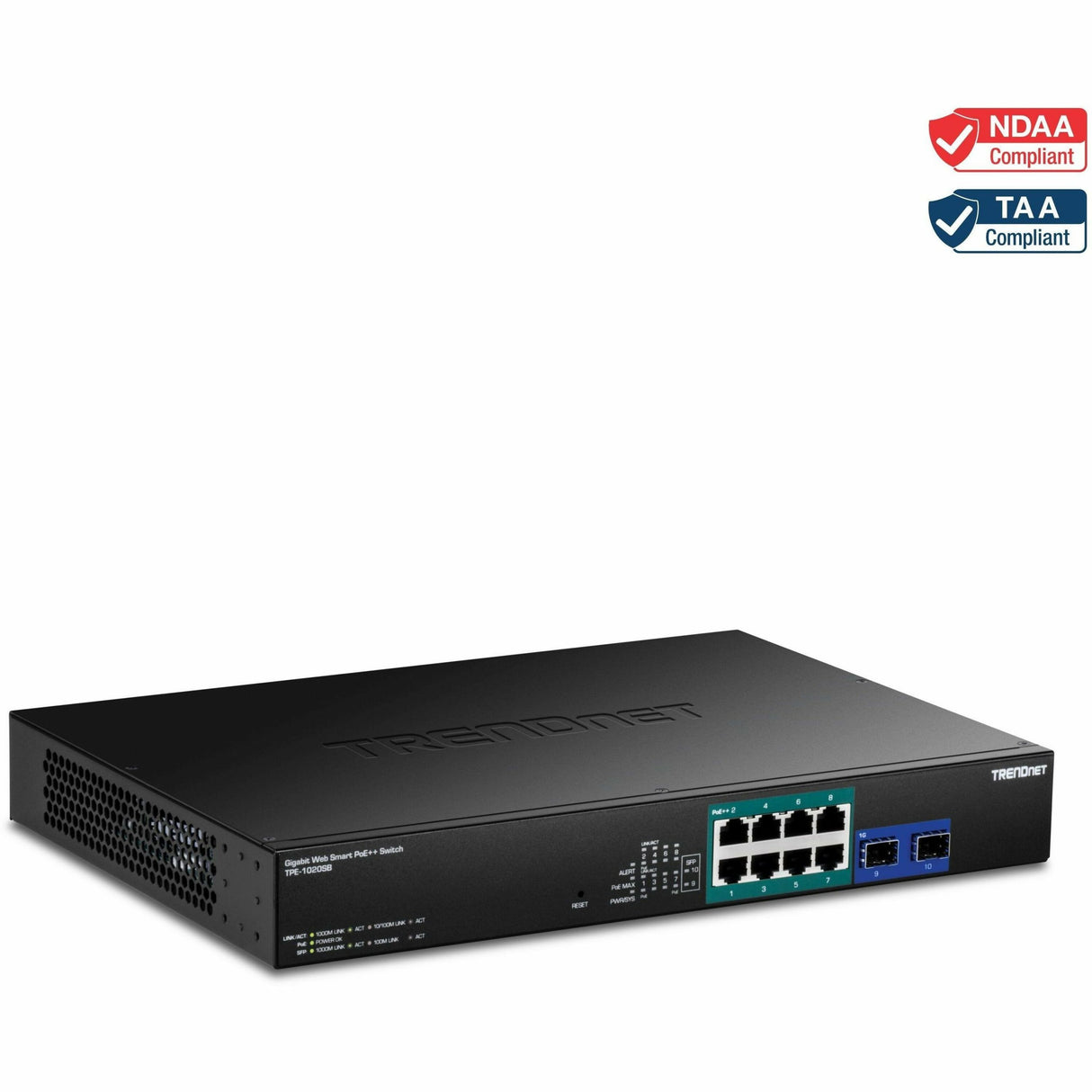 TRENDnet 10-Port Gigabit Web Smart PoE++ Switch, TPE-1020SB, 8 x Gigabit 95W PoE++ Ports, 2 Gigabit SFP Ports, 180W PoE Power Budget, Lifetime Protection, Black — TPE-1020SB