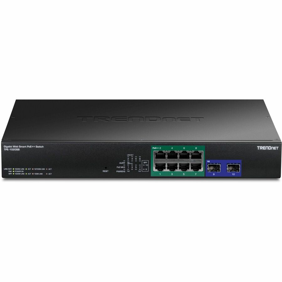 TRENDnet 10-Port Gigabit Web Smart PoE++ Switch, TPE-1020SB, 8 x Gigabit 95W PoE++ Ports, 2 Gigabit SFP Ports, 180W PoE Power Budget, Lifetime Protection, Black — TPE-1020SB