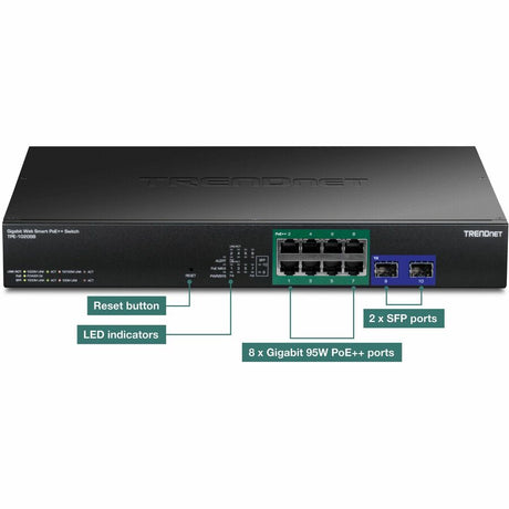 TRENDnet 10-Port Gigabit Web Smart PoE++ Switch, TPE-1020SB, 8 x Gigabit 95W PoE++ Ports, 2 Gigabit SFP Ports, 180W PoE Power Budget, Lifetime Protection, Black — TPE-1020SB