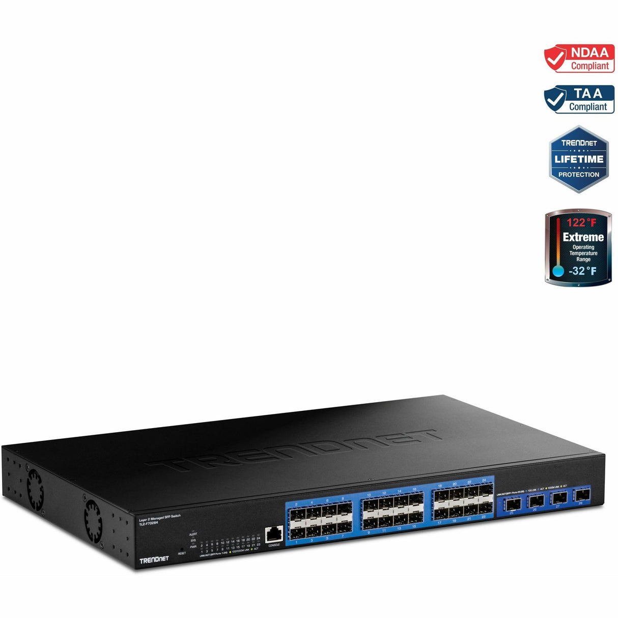 TRENDnet 28-Port Layer 2 Managed SFP Switch with 10G SFP+ Ports, TL2-F70284, 24 x Gigabit SFP Ports, 4 x 10G SFP+ Ports, Web Based Management, 128Gbps Switching Capacity, Lifetime Protection, Black — TL2-F70284