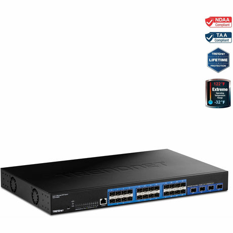 TRENDnet 28-Port Layer 2 Managed SFP Switch with 10G SFP+ Ports, TL2-F70284, 24 x Gigabit SFP Ports, 4 x 10G SFP+ Ports, Web Based Management, 128Gbps Switching Capacity, Lifetime Protection, Black — TL2-F70284