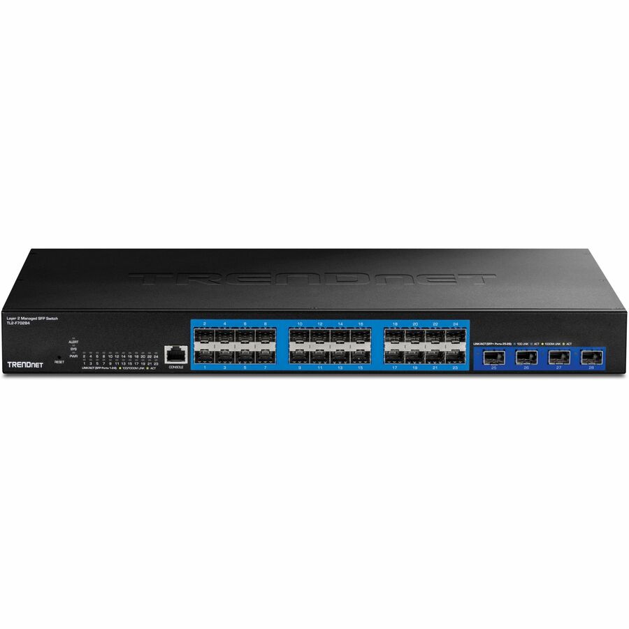 TRENDnet 28-Port Layer 2 Managed SFP Switch with 10G SFP+ Ports, TL2-F70284, 24 x Gigabit SFP Ports, 4 x 10G SFP+ Ports, Web Based Management, 128Gbps Switching Capacity, Lifetime Protection, Black — TL2-F70284