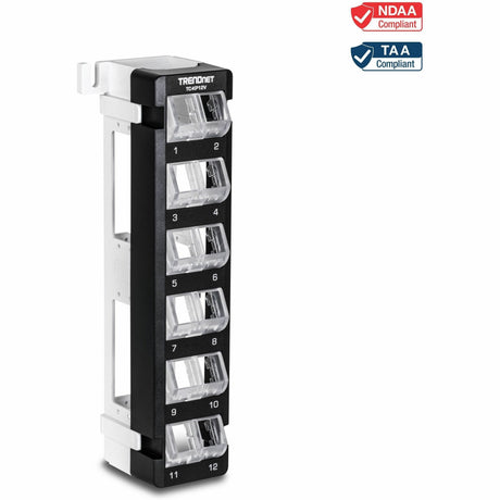 TRENDnet 12-Port Blank Angled Wall Mount Keystone Patch Panel, TC-KP12V, Use with TRENDnet Keystone Jacks (Sold Separately), Snap-in Style, Quick and Easy Access, 89D Wall Mount Bracket Included — TC-KP12V