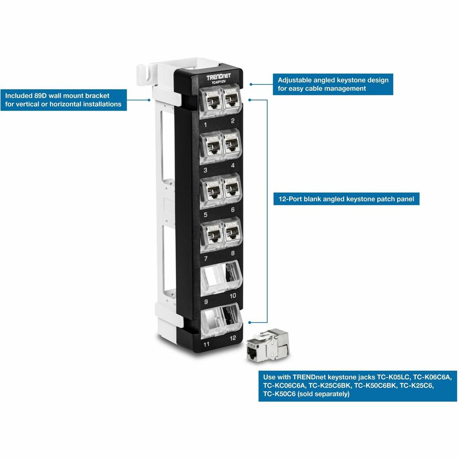 TRENDnet 12-Port Blank Angled Wall Mount Keystone Patch Panel, TC-KP12V, Use with TRENDnet Keystone Jacks (Sold Separately), Snap-in Style, Quick and Easy Access, 89D Wall Mount Bracket Included — TC-KP12V