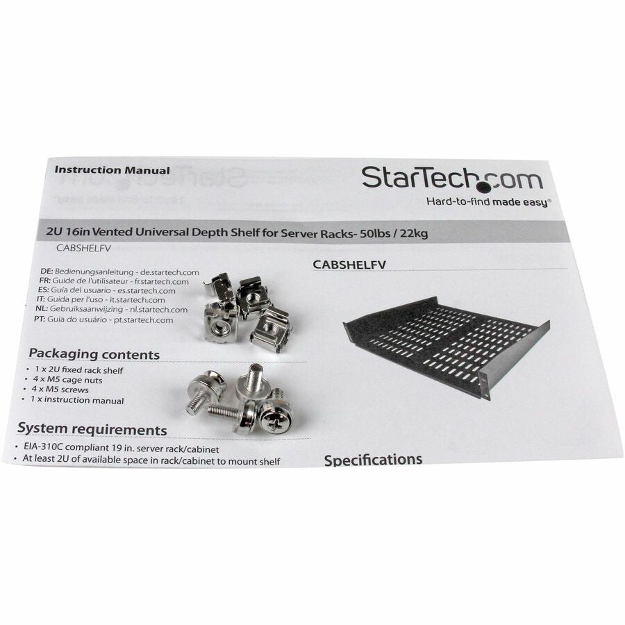 StarTech.com 2U 16in Universal Vented Rack Mount Cantilever Shelf - Fixed Server Rack Cabinet Shelf - 50lbs / 23kg — CABSHELFV