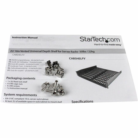 StarTech.com 2U 16in Universal Vented Rack Mount Cantilever Shelf - Fixed Server Rack Cabinet Shelf - 50lbs / 23kg — CABSHELFV