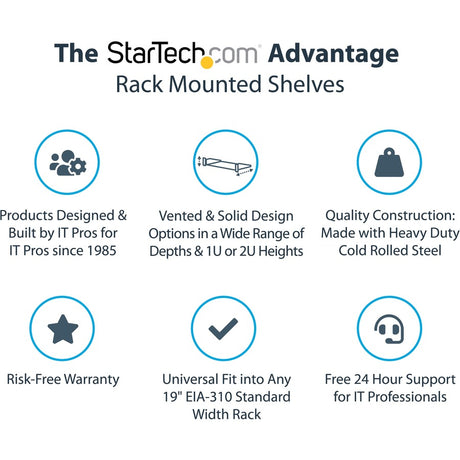 StarTech.com 1U Server Rack Cabinet Shelf - Fixed 10" Deep Cantilever Rackmount Tray for 19" Data/AV/Network Enclosure w/cage nuts, screws — CABSHELF1U10