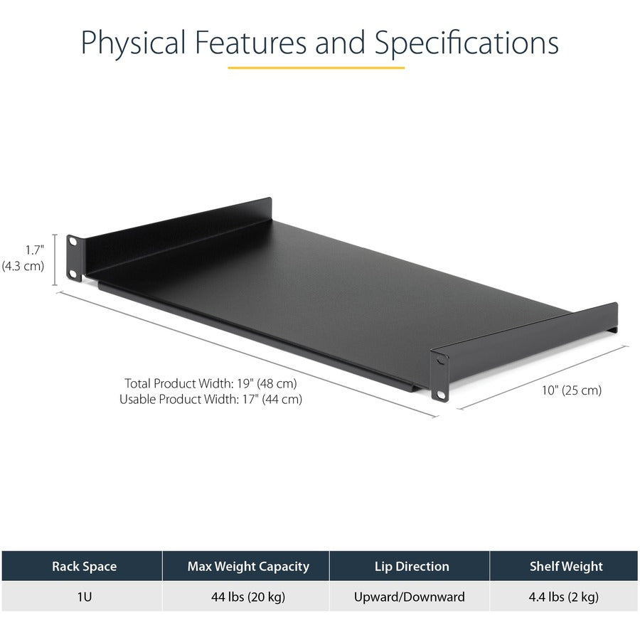 StarTech.com 1U Server Rack Cabinet Shelf - Fixed 10" Deep Cantilever Rackmount Tray for 19" Data/AV/Network Enclosure w/cage nuts, screws — CABSHELF1U10