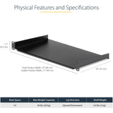StarTech.com 1U Server Rack Cabinet Shelf - Fixed 10" Deep Cantilever Rackmount Tray for 19" Data/AV/Network Enclosure w/cage nuts, screws — CABSHELF1U10