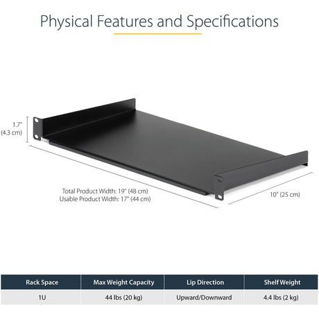 StarTech.com 1U Server Rack Cabinet Shelf - Fixed 10" Deep Cantilever Rackmount Tray for 19" Data/AV/Network Enclosure w/cage nuts, screws — CABSHELF1U10