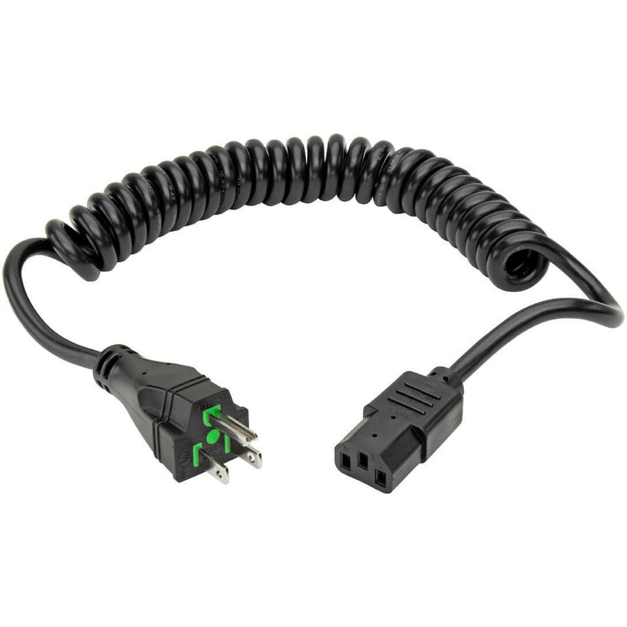 Eaton Tripp Lite Series Hospital-Grade Power Cord, NEMA 5-15P to C13 - Green Dot, 10A, 125V, 18 AWG, 8 ft. (2.43 m) Coiled Cord, Black — P006-C08-HG10