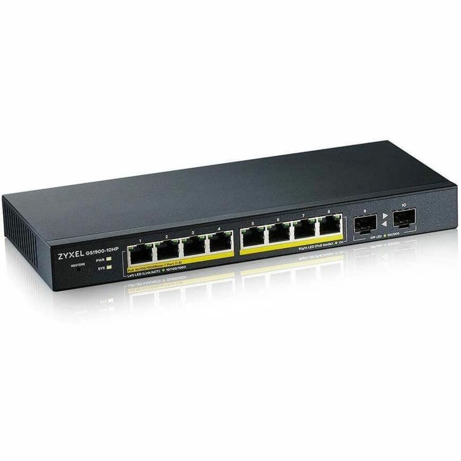 ZYXEL GS1900-10HP 8-Port Gigabit Smart Managed PoE Switch | 8 PoE+ Ports at 77W with 2 SFP Uplinks | Fanless — GS1900-10HP