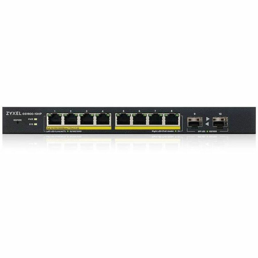 ZYXEL GS1900-10HP 8-Port Gigabit Smart Managed PoE Switch | 8 PoE+ Ports at 77W with 2 SFP Uplinks | Fanless — GS1900-10HP