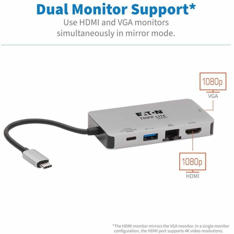 Eaton Tripp Lite Series USB-C Dock, Dual Display - 4K HDMI, VGA, USB 3.x (5Gbps), USB-A/C Hub, GbE, 100W PD Charging — U442-DOCK6-GY