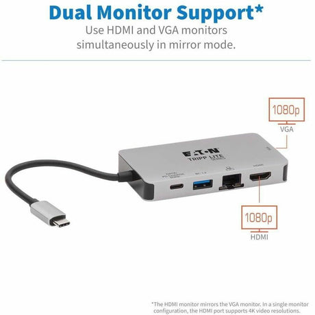 Eaton Tripp Lite Series USB-C Dock, Dual Display - 4K HDMI, VGA, USB 3.x (5Gbps), USB-A/C Hub, GbE, 100W PD Charging — U442-DOCK6-GY