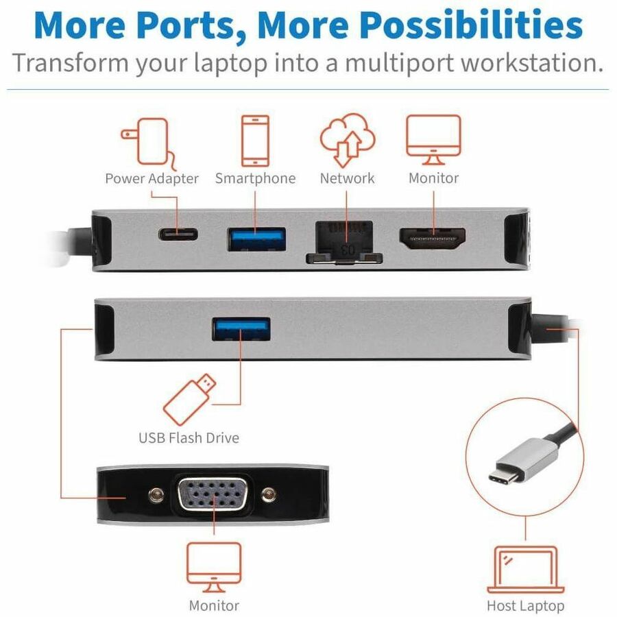 Eaton Tripp Lite Series USB-C Dock, Dual Display - 4K HDMI, VGA, USB 3.x (5Gbps), USB-A/C Hub, GbE, 100W PD Charging — U442-DOCK6-GY