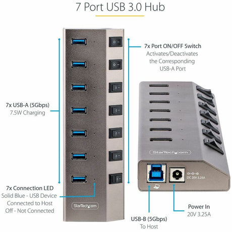 StarTech.com 7-Port Self-Powered USB-C Hub with Individual On/Off Switch, Desktop/Laptop USB-C to USB-A Hub, USB Type C Hub w/Power Supply — 5G7AIBS-USB-HUB-NA