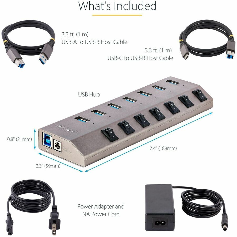 StarTech.com 7-Port Self-Powered USB-C Hub with Individual On/Off Switch, Desktop/Laptop USB-C to USB-A Hub, USB Type C Hub w/Power Supply — 5G7AIBS-USB-HUB-NA