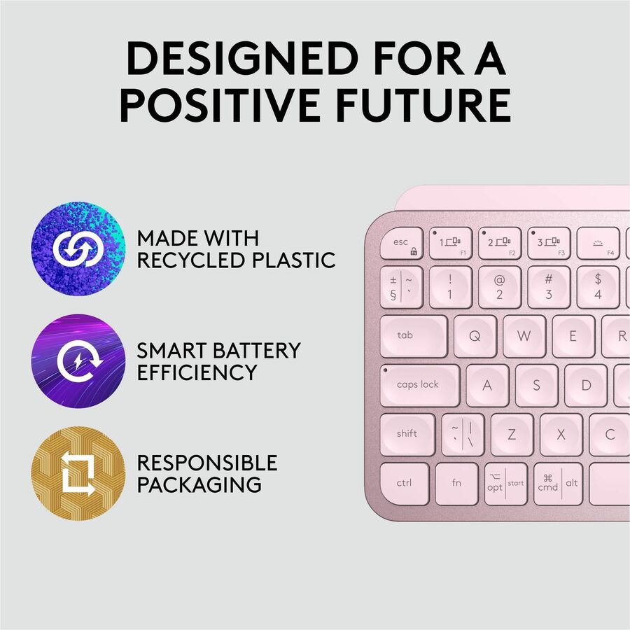 Logitech MX Keys Mini Minimalist Wireless Illuminated Keyboard, Compact, Bluetooth, USB-C - Rose — 920-010474