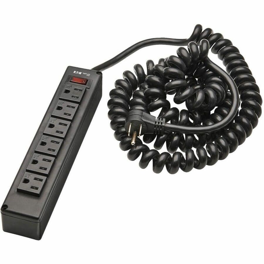 Eaton Tripp Lite Series Safe-IT 6-Outlet Surge Protector - 10 ft. Spiral Cord, 5-15P Plug, 300 Joules, Antimicrobial Protection, Black — TLP610COILAM